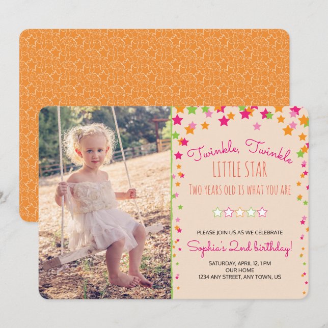Invitación Twinkle Twinkle Little Star 2º cumpleaños (Anverso / Reverso)