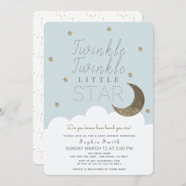 Invitación Twinkle Twinkle Little Star Baby Blue Baby Shower (Anverso / Reverso)