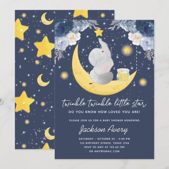 Invitación Twinkle Twinkle Little Star Baby Boy Baby Shower (Anverso / Reverso)
