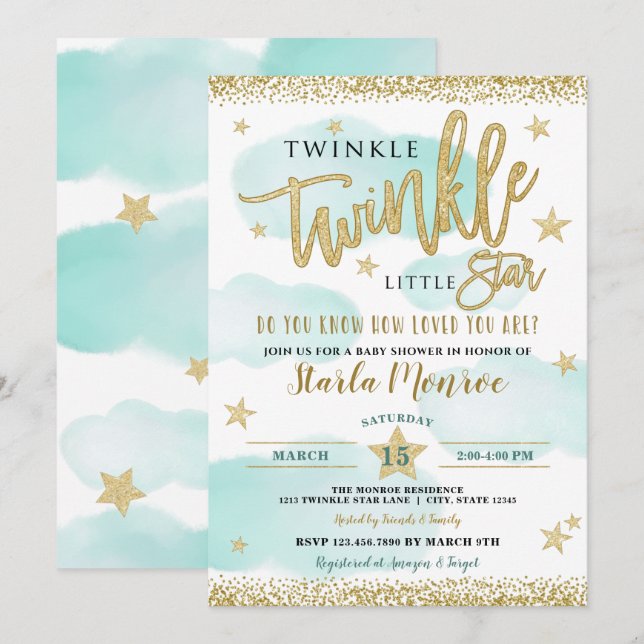 Invitación Twinkle Twinkle Little Star Baby Boy Shower (Anverso / Reverso)