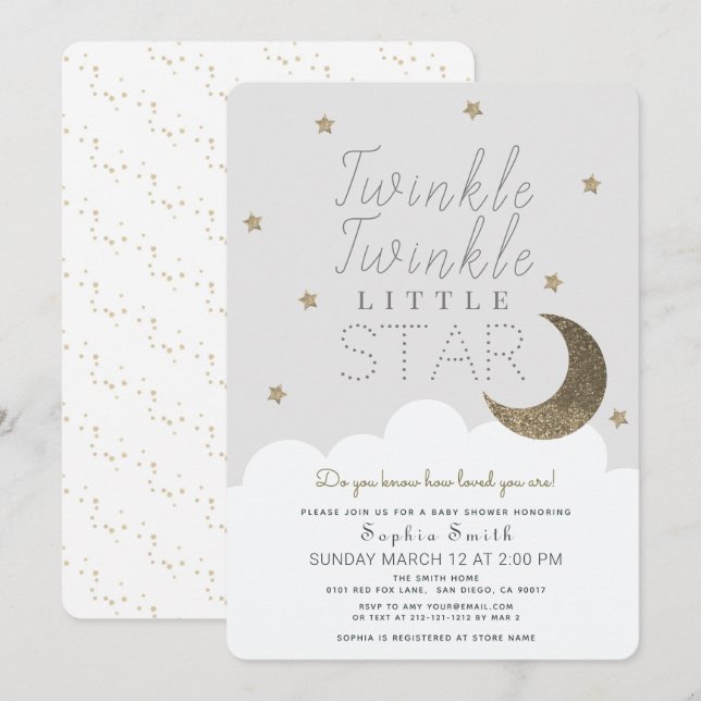 Invitación Twinkle Twinkle Little Star Baby Gray Baby Shower (Anverso / Reverso)