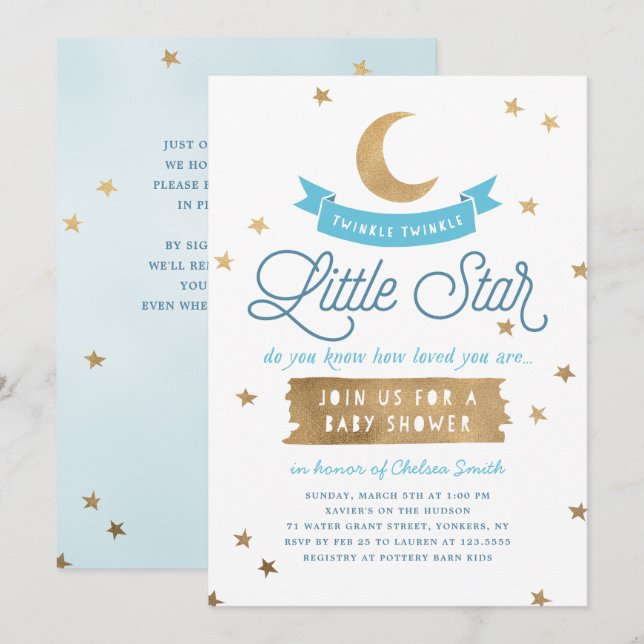 Invitación Twinkle Twinkle Little Star | Baby Shower | Azul (Anverso / Reverso)