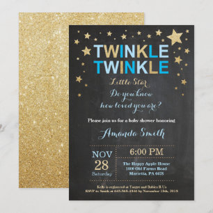 Invitación Twinkle Twinkle Little Star Baby Shower Azul Dorad