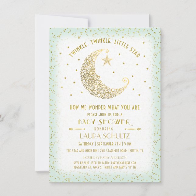 Invitación Twinkle Twinkle Little Star Baby Shower Gold/Mint (Anverso)
