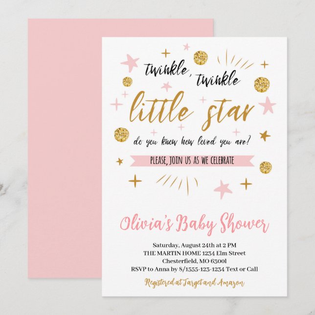 Invitación Twinkle Twinkle Little Star Baby Shower, Gold Pink (Anverso / Reverso)