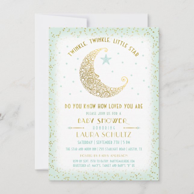 Invitación Twinkle Twinkle Little Star Baby Shower Mint Gold (Anverso)