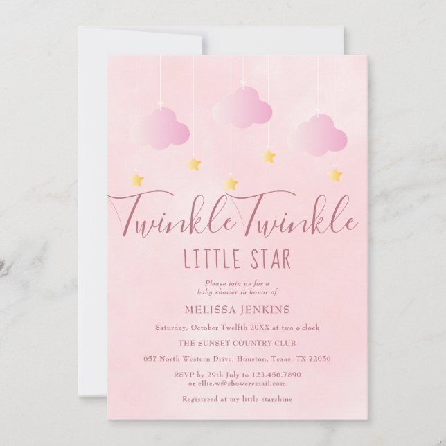 Invitación Twinkle Twinkle Little Star Baby Shower Niña Rosa (Anverso)