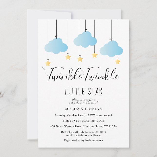 Invitación Twinkle Twinkle Little Star Baby Shower Niño Azul (Anverso)