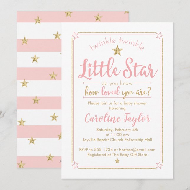 Invitación Twinkle Twinkle Little Star Baby Shower Pink Gold (Anverso / Reverso)