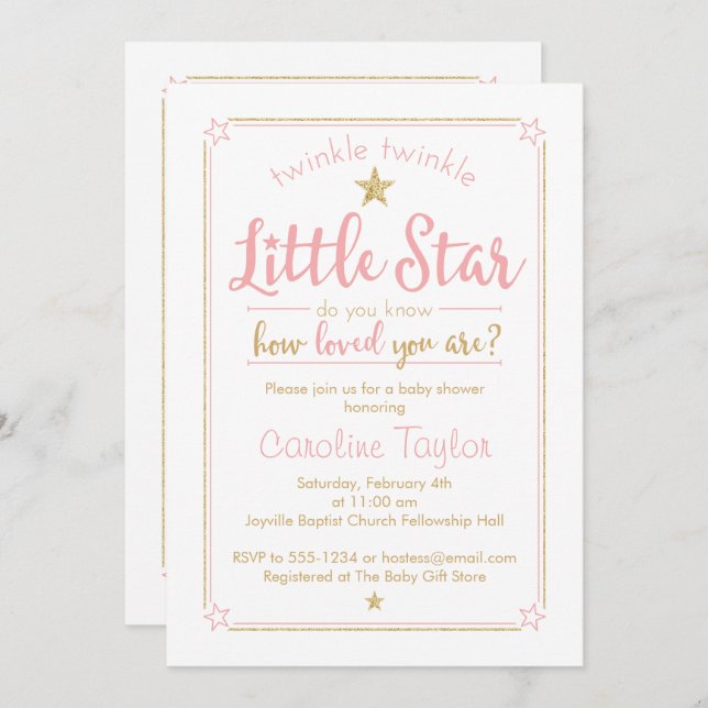 Invitación Twinkle Twinkle Little Star Baby Shower Pink Gold (Anverso / Reverso)