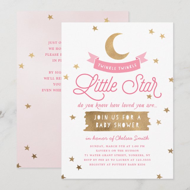 Invitación Twinkle Twinkle Little Star | Baby Shower | Rosa (Anverso / Reverso)