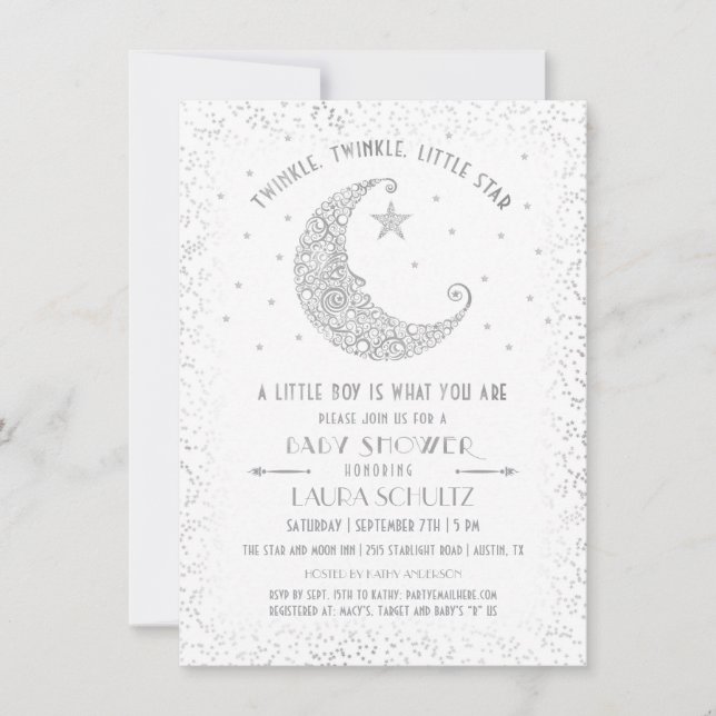 Invitación Twinkle Twinkle Little Star Baby Shower Silver (Anverso)