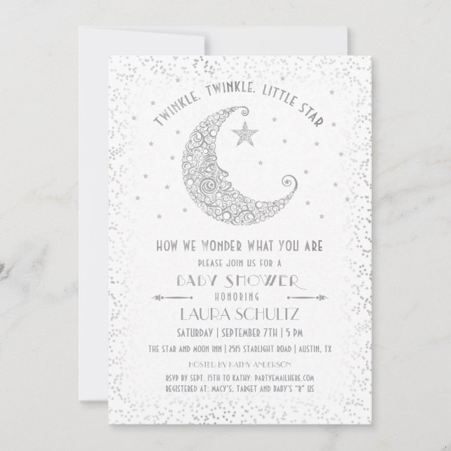 Invitación Twinkle Twinkle Little Star Baby Shower Silver (Anverso)