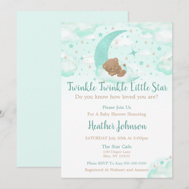 Invitación Twinkle Twinkle Little Star Bear Baby Shower (Anverso / Reverso)