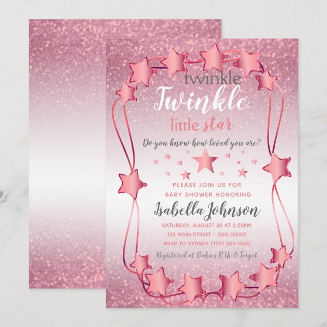 Invitación Twinkle Twinkle Little Star - Bebé Girl Shower (Anverso / Reverso)