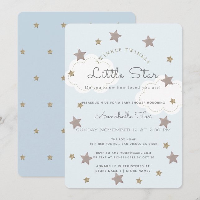 Invitación Twinkle Twinkle Little Star Blue Baby Shower (Anverso / Reverso)