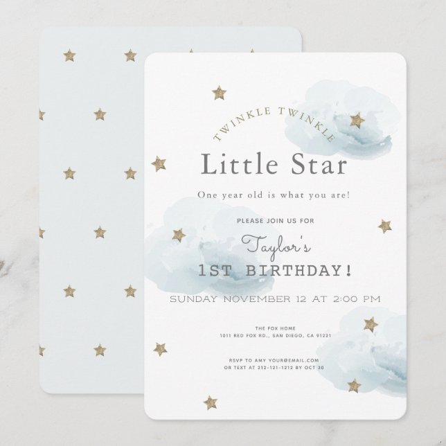 Invitación Twinkle Twinkle Little Star Blue Birday (Anverso / Reverso)