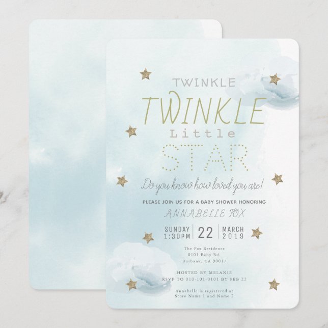Invitación Twinkle Twinkle Little Star Blue Boy Baby Shower (Anverso / Reverso)