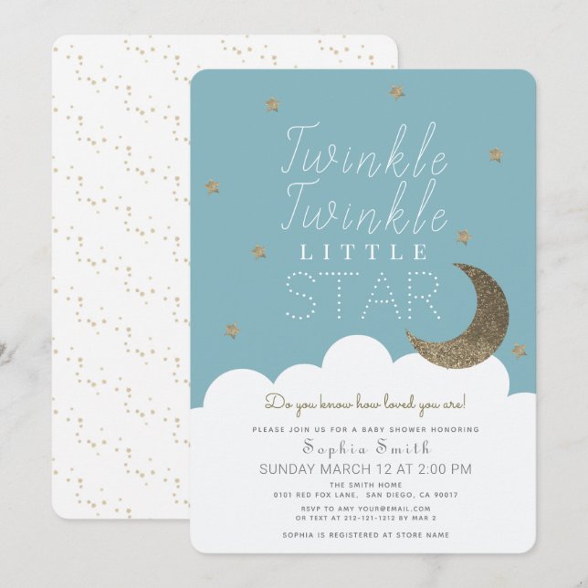 Invitación Twinkle Twinkle Little Star Blue Boy Baby Shower (Anverso / Reverso)