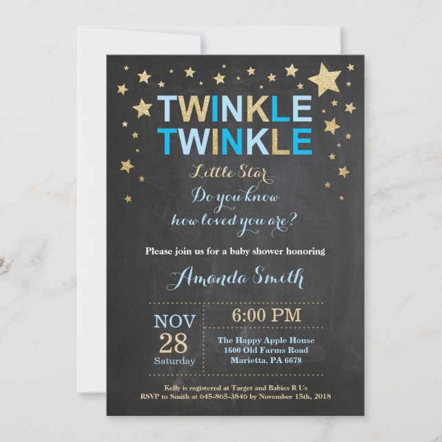 Invitación Twinkle Twinkle Little Star Blue Gold Baby Shower (Anverso)