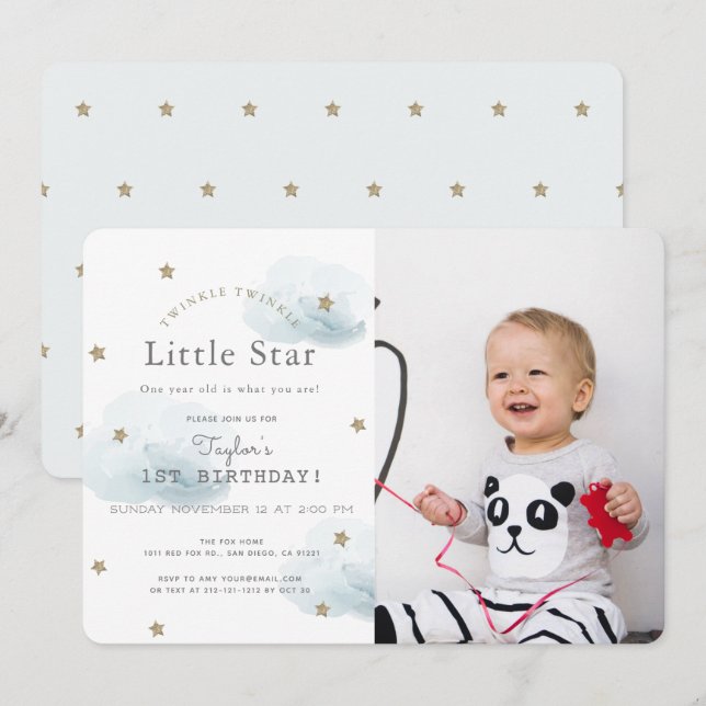 Invitación Twinkle Twinkle Little Star Blue Photo Birday (Anverso / Reverso)