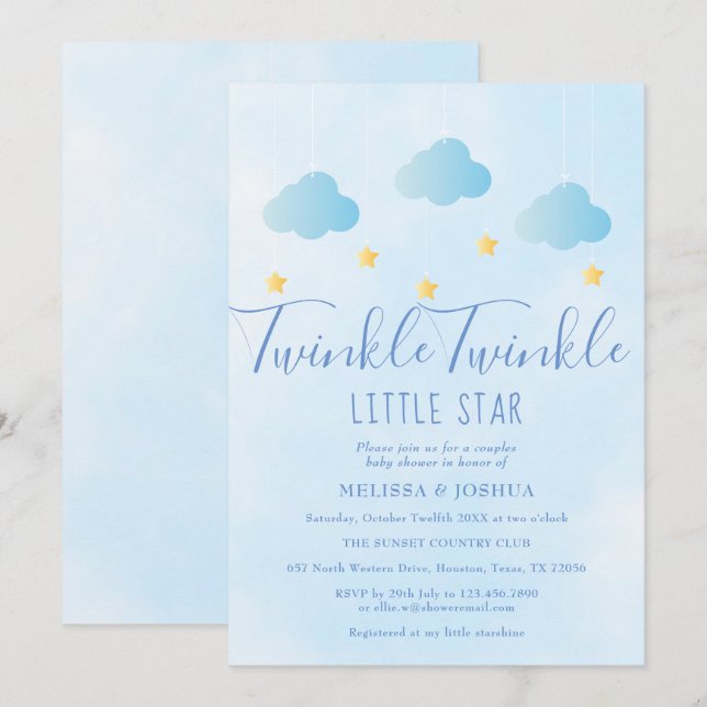Invitación Twinkle Twinkle Little Star Boy Blue Baby Shower (Anverso / Reverso)