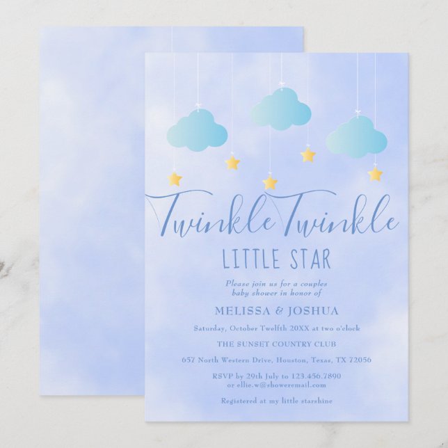 Invitación Twinkle Twinkle Little Star Boy Blue Baby Shower (Anverso / Reverso)