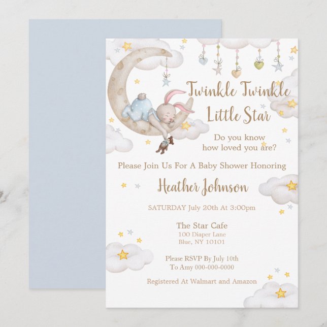 Invitación Twinkle Twinkle Little Star Bunny Baby Shower (Anverso / Reverso)