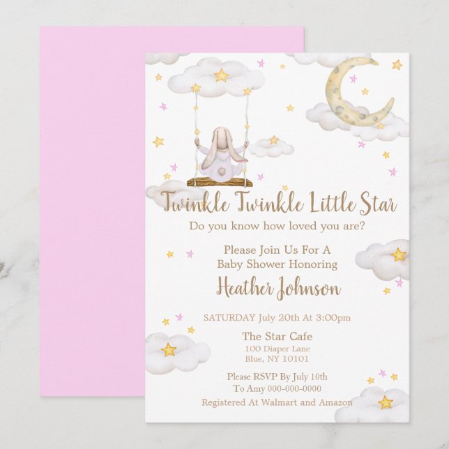 Invitación Twinkle Twinkle Little Star Bunny Baby Shower (Anverso / Reverso)
