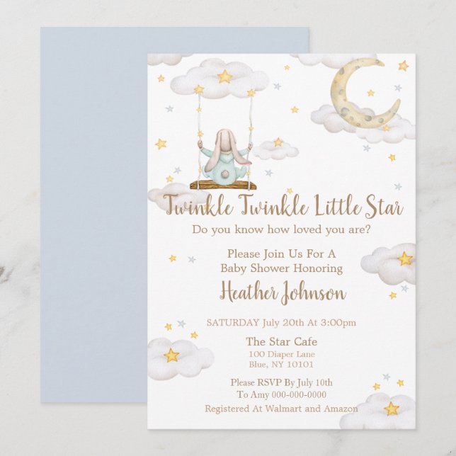 Invitación Twinkle Twinkle Little Star Bunny Baby Shower (Anverso / Reverso)