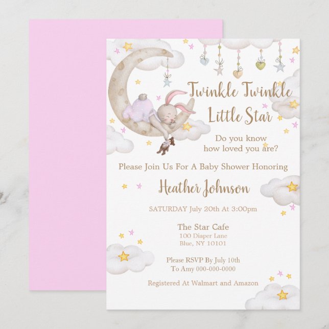 Invitación Twinkle Twinkle Little Star Bunny Baby Shower (Anverso / Reverso)