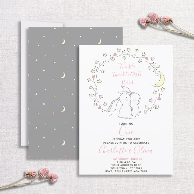 Invitación Twinkle Twinkle Little Star Bunny Twins 1er Fiesta (Subido por el creador)