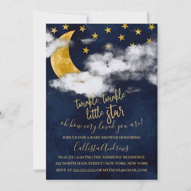 Invitación Twinkle Twinkle Little Star Cita Moon Baby Shower (Anverso)