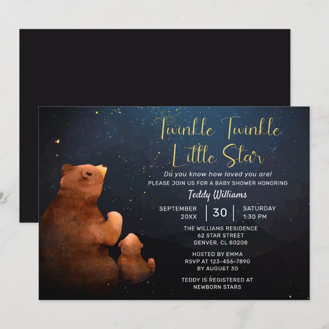 Invitación Twinkle Twinkle Little Star Cute Bear Baby Shower (Anverso / Reverso)