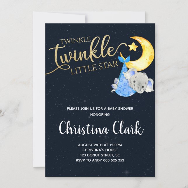 Invitación Twinkle Twinkle Little Star Elephant Baby Shower (Anverso)
