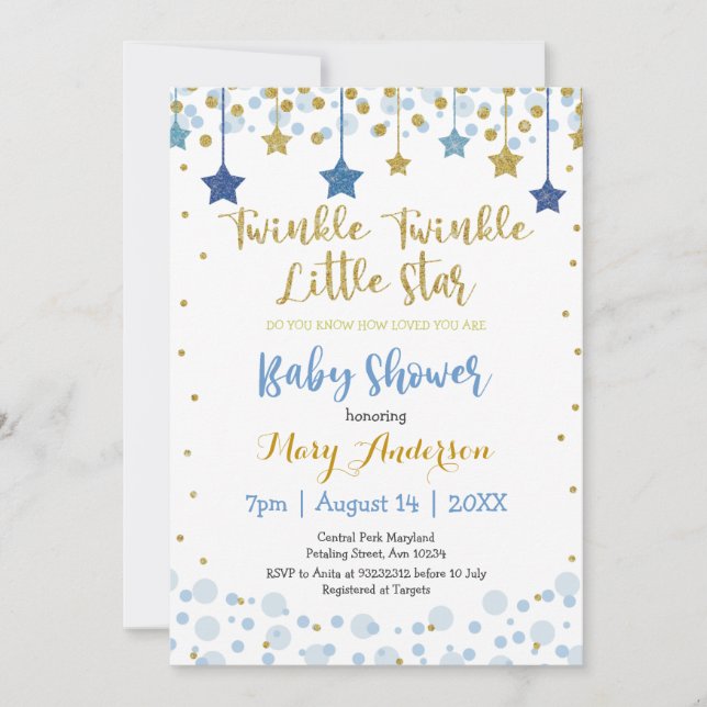 Invitación Twinkle Twinkle Little Star Gold Blue Sparkle Baby (Anverso)