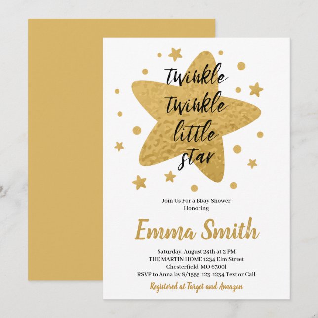 Invitación Twinkle Twinkle Little Star Gold Stars Baby Shower (Anverso / Reverso)