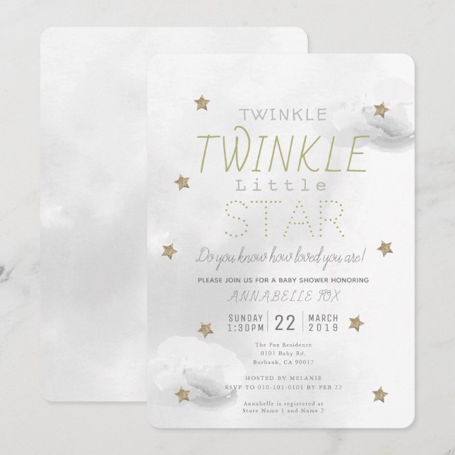 Invitación Twinkle Twinkle Little Star Gray Baby Shower (Anverso / Reverso)