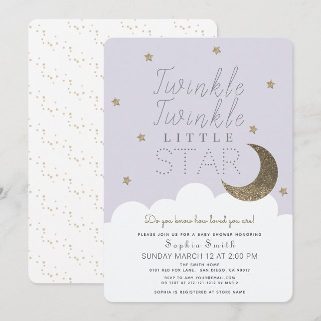Invitación Twinkle Twinkle Little Star Lilac Baby Shower (Anverso / Reverso)