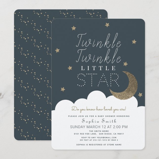 Invitación Twinkle Twinkle Little Star Navy Baby Shower azul (Anverso / Reverso)