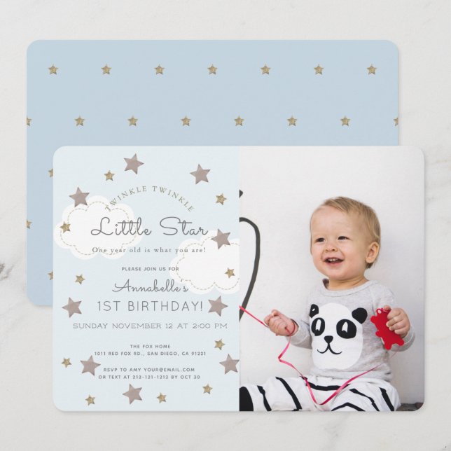 Invitación Twinkle Twinkle Little Star Photo Blue Birday (Anverso / Reverso)