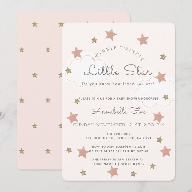 Invitación Twinkle Twinkle Little Star Pink Baby Shower (Anverso / Reverso)
