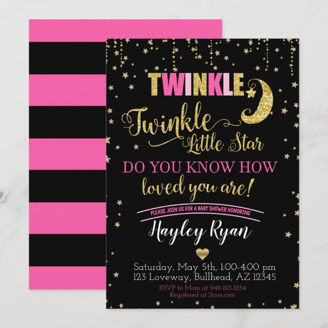Invitación Twinkle Twinkle Little Star Pink Black Baby Shower (Anverso / Reverso)