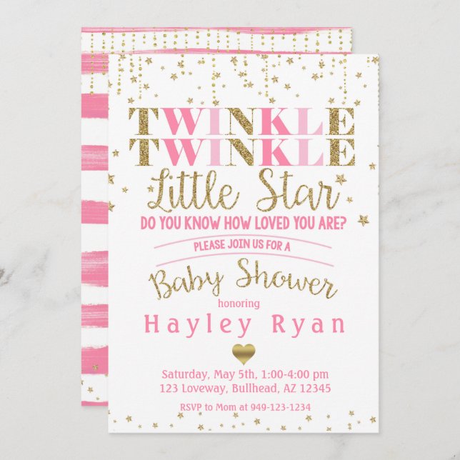 Invitación Twinkle Twinkle Little Star Pink Gold Baby Shower (Anverso / Reverso)