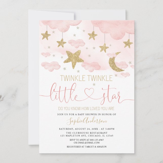 Invitación  Twinkle Twinkle Little Star Pink Gold Baby Shower (Anverso)