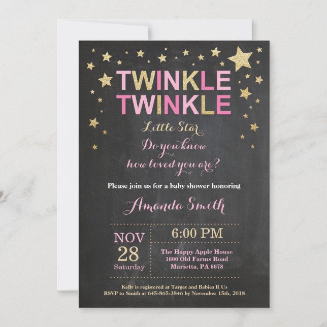 Invitación Twinkle Twinkle Little Star Pink Gold Baby Shower (Anverso)