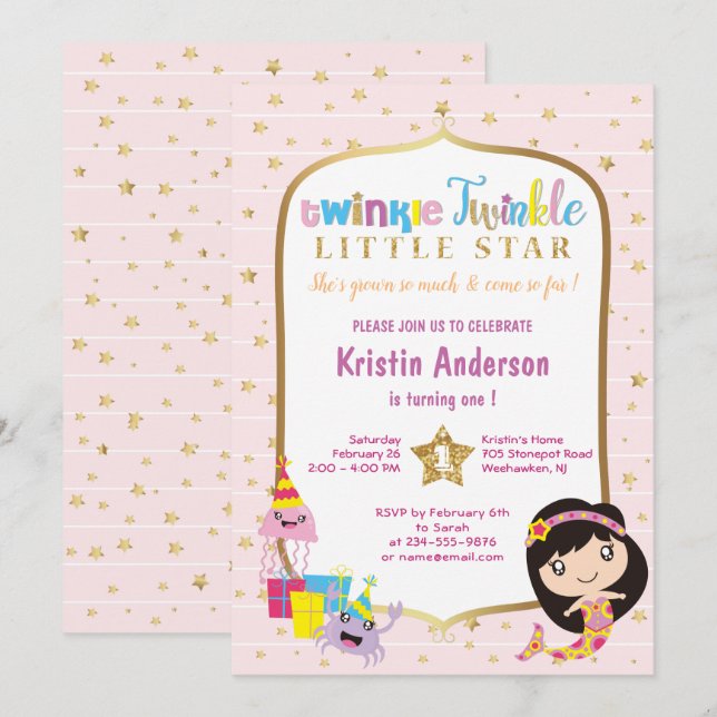 Invitación Twinkle Twinkle Little Star Pink Mermaid Cumpleaño (Anverso / Reverso)