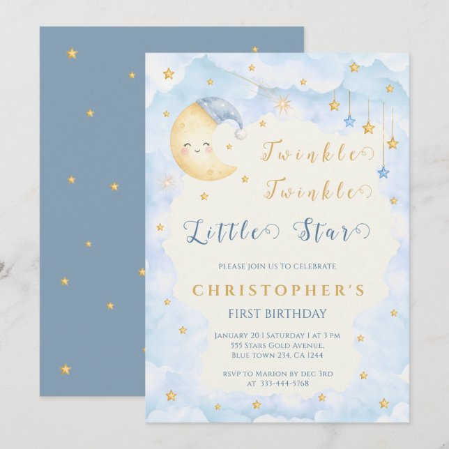 Invitación Twinkle Twinkle Little Star Primer Cumpleaños Azul (Anverso / Reverso)