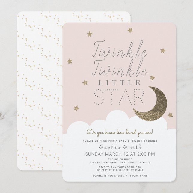 Invitación Twinkle Twinkle Little Star Rubor Pink Baby Shower (Anverso / Reverso)