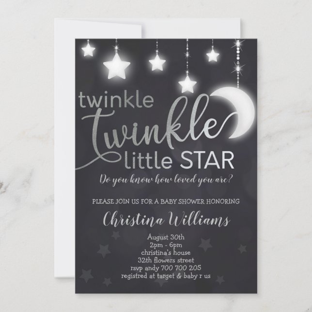 Invitación Twinkle Twinkle Little Star Silver Baby Shower (Anverso)